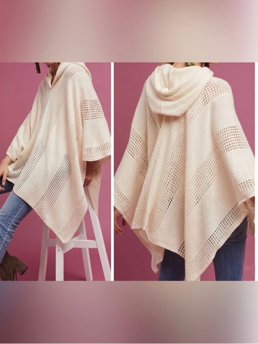 Anthropologie Hooded Poncho Sweater Soft Open Knit Cream